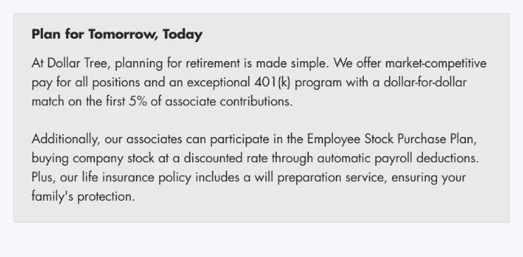 Screenshot of Dollar Tree careers benefits page describing a 401(k) dollar-for-dollar match on the first 5% of contributions