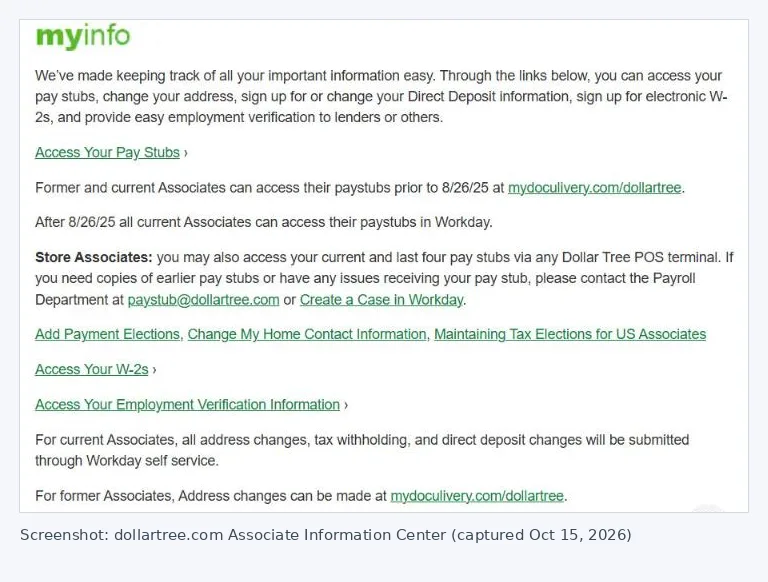 Screenshot of Dollar Tree Associate Information Center showing paystubs in Workday after August 26, 2025